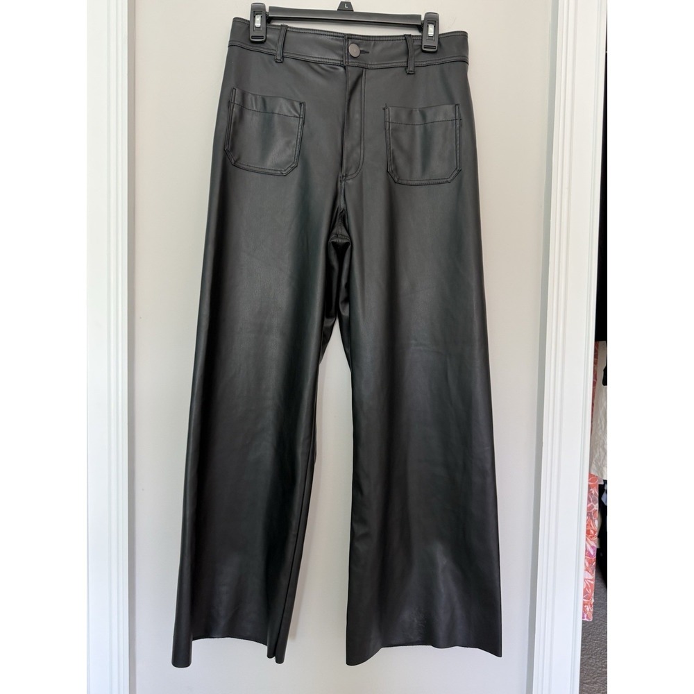 Zara W Black Faux Leather Wide Leg Pockets Sz 8 Pants Biker Rocker Flaw
